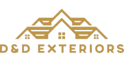 Gold logo: stylized houses with layered roofs, "D&D EXTERIORS" below.