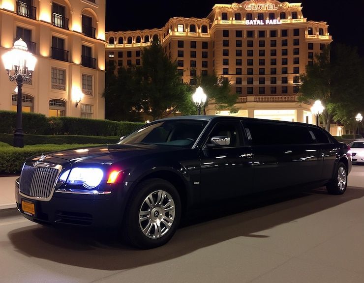 A black cadillac is parked on the side of the road in front of a large building.