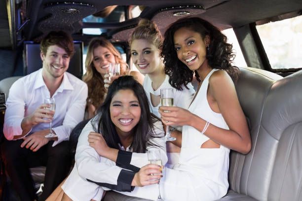 A black limousine is parked on the side of the road.