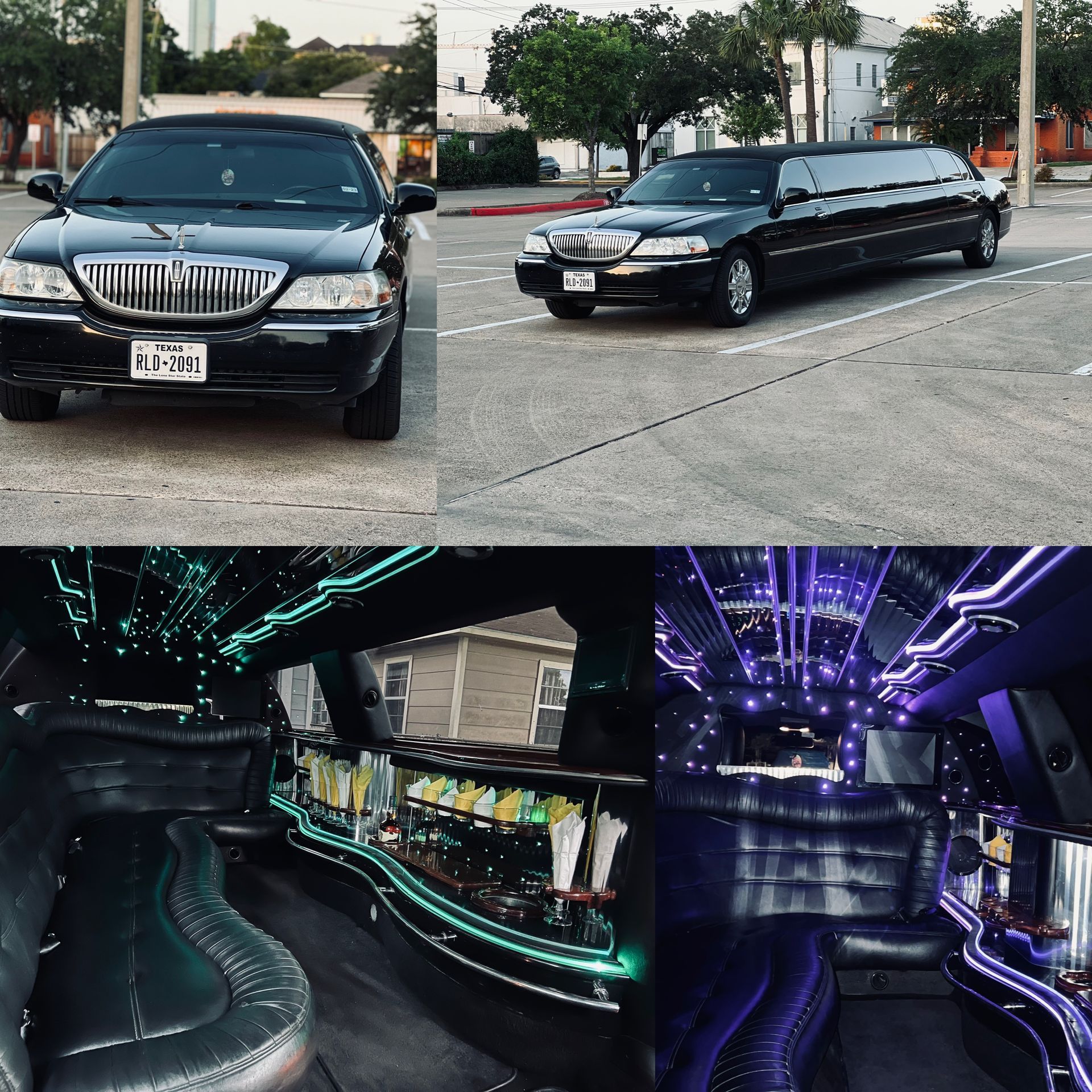 Black limousine, front and side views, with a luxurious interior.