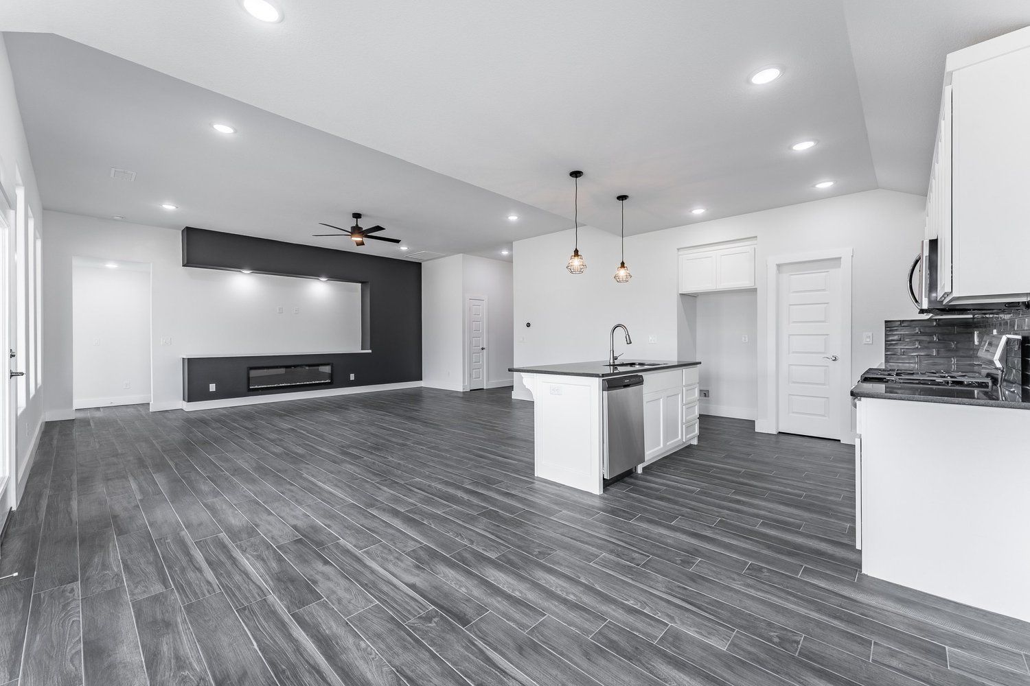 Living Room Kitchen Grey Floor Black White House Home New Vision Real Estate NWA Arkansas