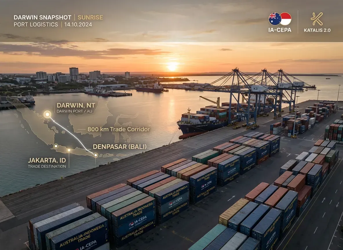 Port of Darwin, shipping containers branded with 'Australia-Indonesia Trade.' 