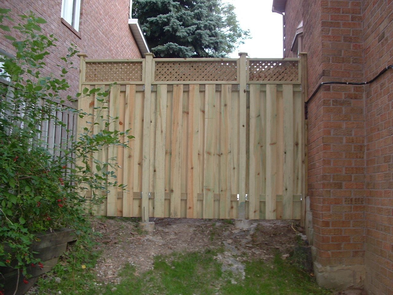 Wooden fence gate between brick buildings in a small backyard garden