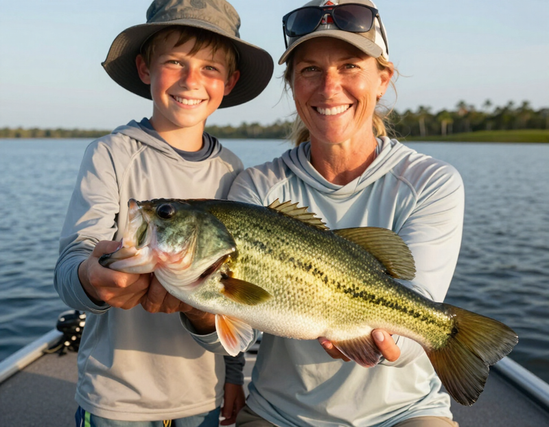 A mom and son holding up a large bass they caught together