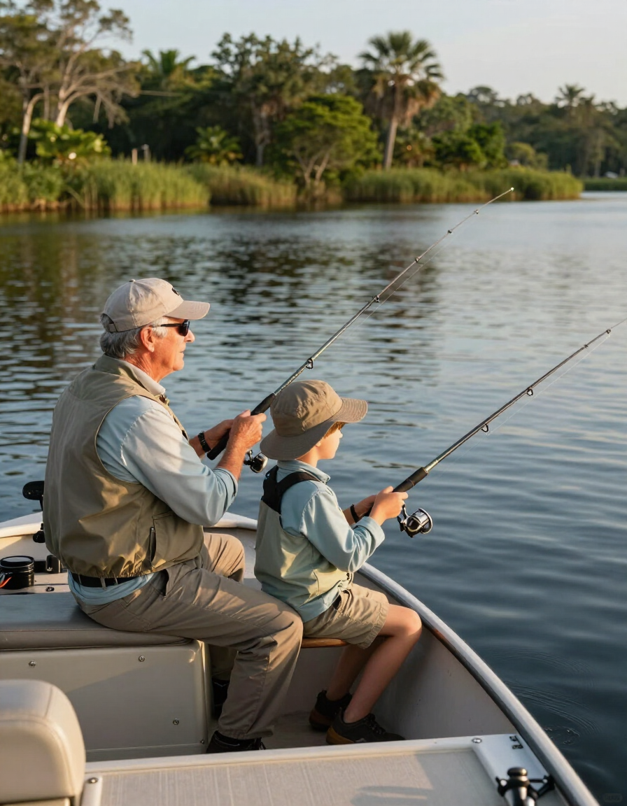 A father and daughter holding up a largemouth bass on a fishing boat at sunrise near Fellsmere, Florida
