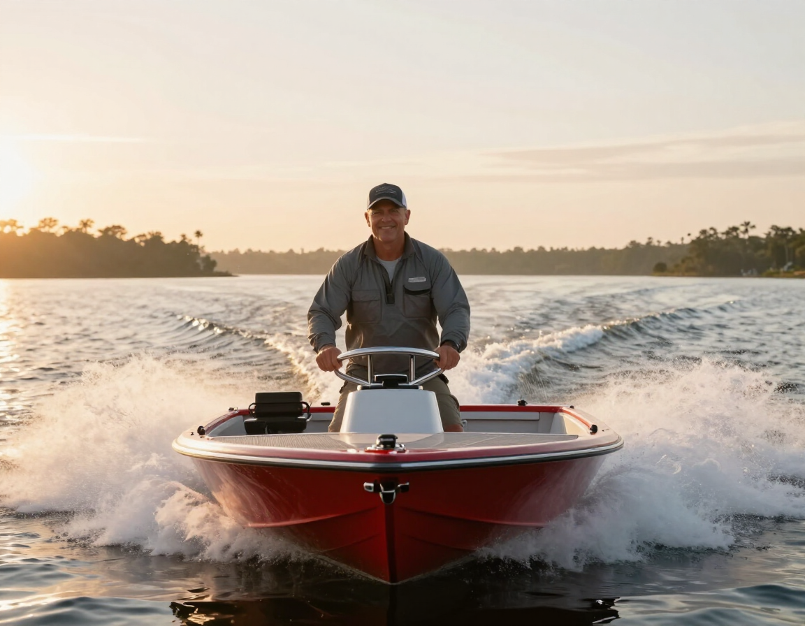Lane driving the Hooked & Happy fishing boat at sunrise
