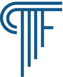 Blue stylized logo with interlocking letters on a white background
