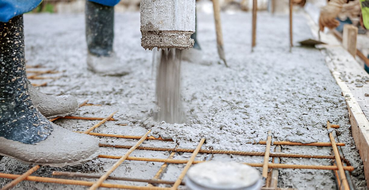 Concrete is being poured over a rebar grid during construction, with workers in boots visible. 