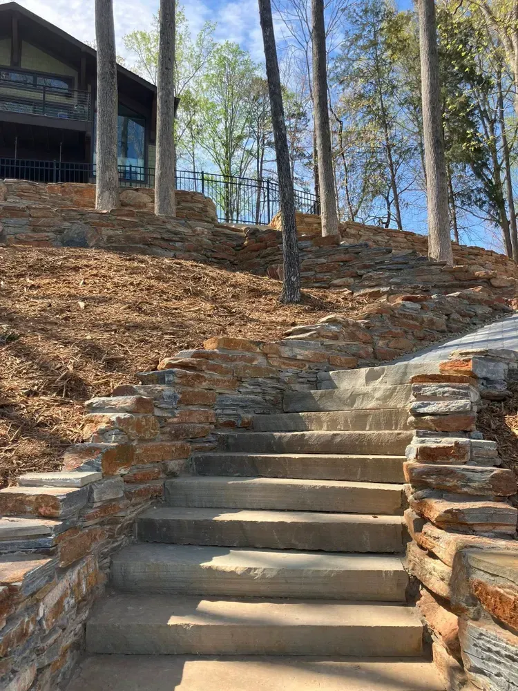 Stone steps ascending a wooded hillside beside a cabin, with leaf-covered ground and bare trees.