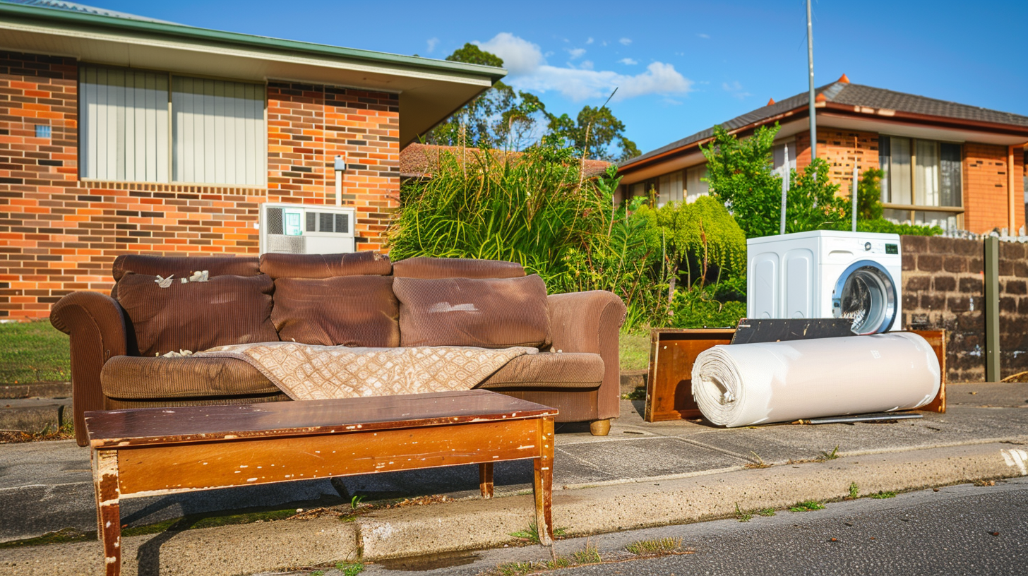 Photograph of household items neatly placed on a suburban street for council collection in Gosford