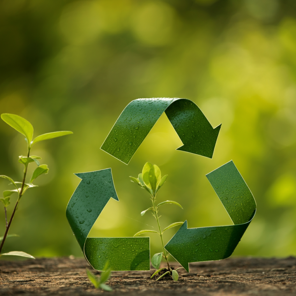 A small plant is growing out of a recycling symbol.
