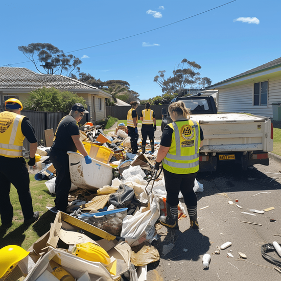A group of people are standing in front of a pile of trash.