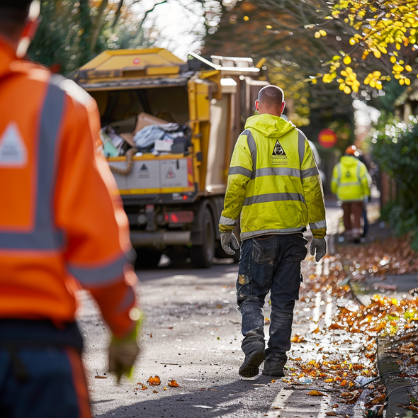 A man in a yellow jacket is walking down a sidewalk next to a garbage truck.