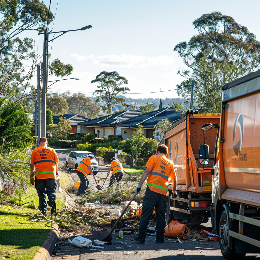 A group of men are working on the side of the road near a garbage truck