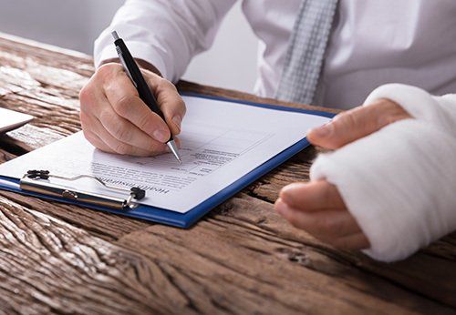 A man with a broken arm is writing on a clipboard.