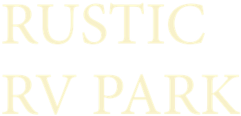 Pale gold “RUSTIC RV PARK” text on a white background