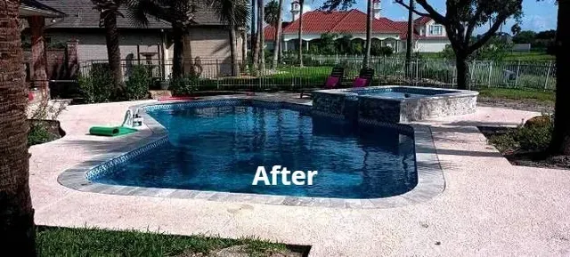 A picture of a swimming pool after being remodeled.