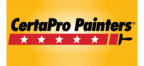 CertaPro Painters logo on a yellow background, featuring black text, red stripes with white stars, and a brush stroke.