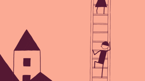Cartoon of a person climbing a ladder to reach another person at the top, next to a building, all against a peach background.