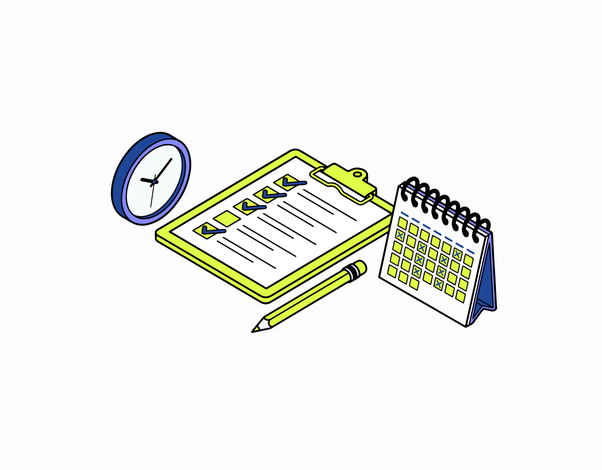 Colorful sketch of clock, notebook, pencil, and calendar