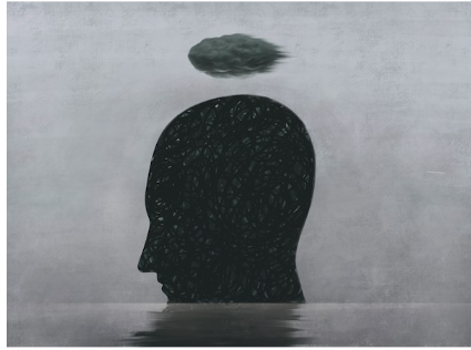 Silhouette of a head in water with a cloud-like shape above it on a gray background