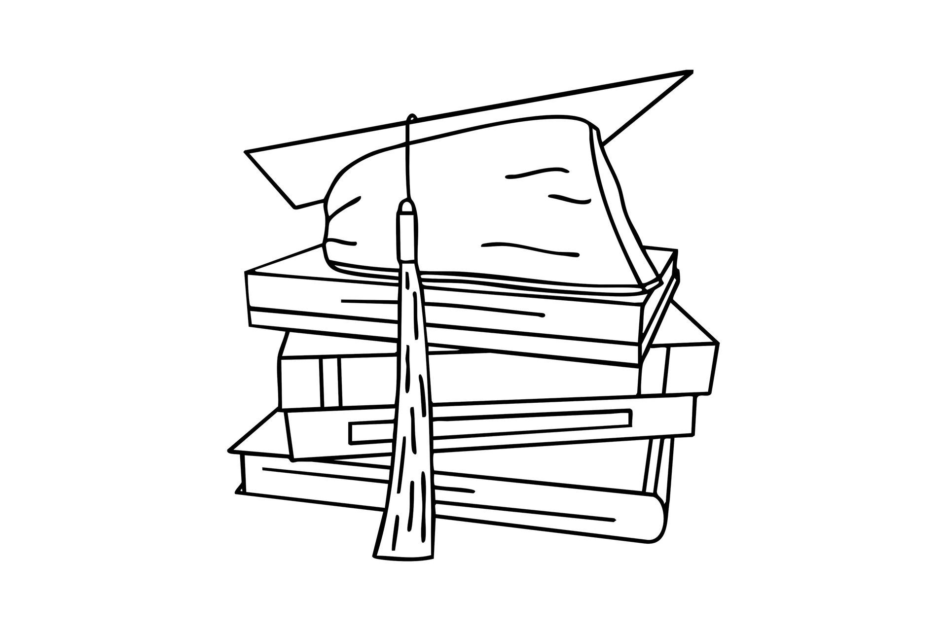 Black and white sketch with graduation cap on top of a stack of books.