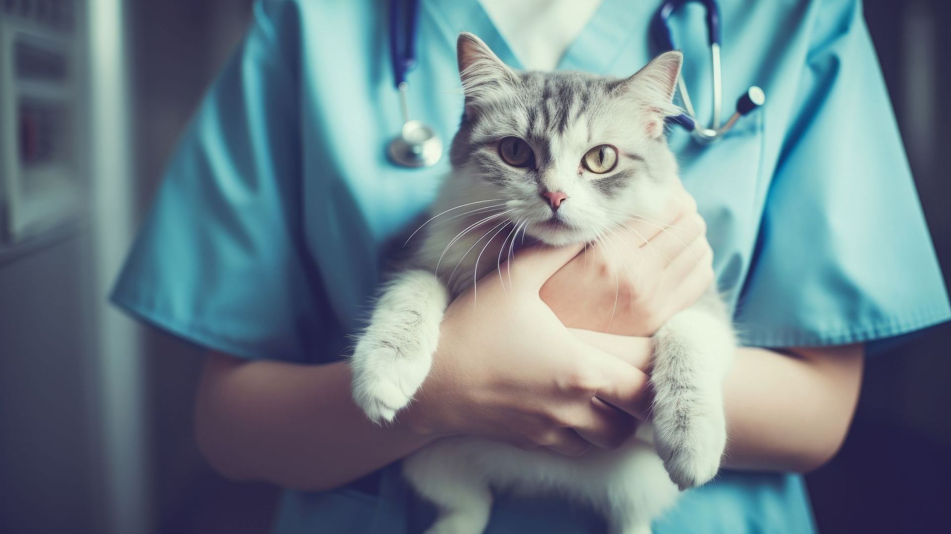 A veterinarian is holding a cat in her arms.