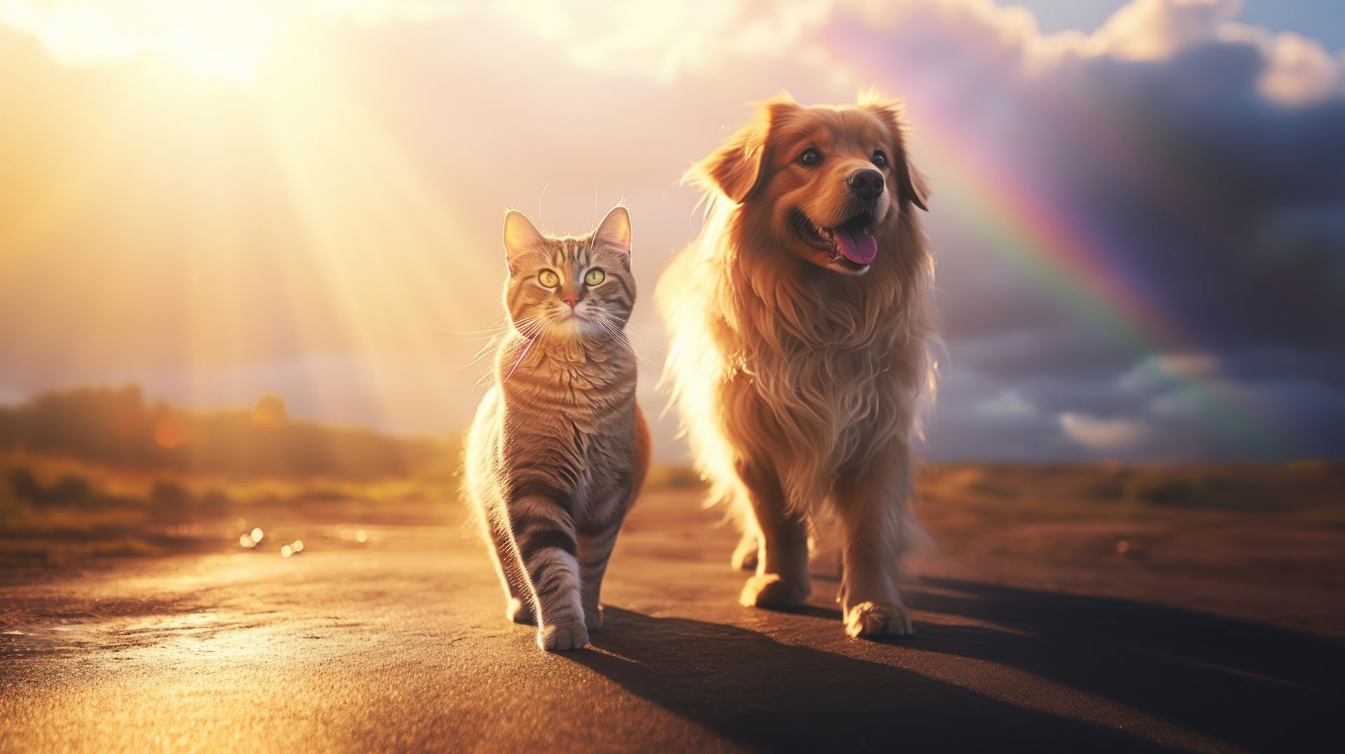 A cat and a dog are walking down a road with a rainbow in the background.