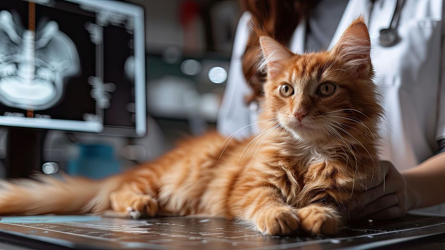 A cat is laying on a table next to a veterinarian.