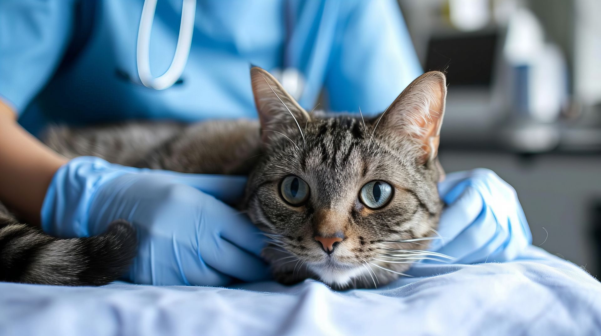 A cat is being examined by a veterinarian.