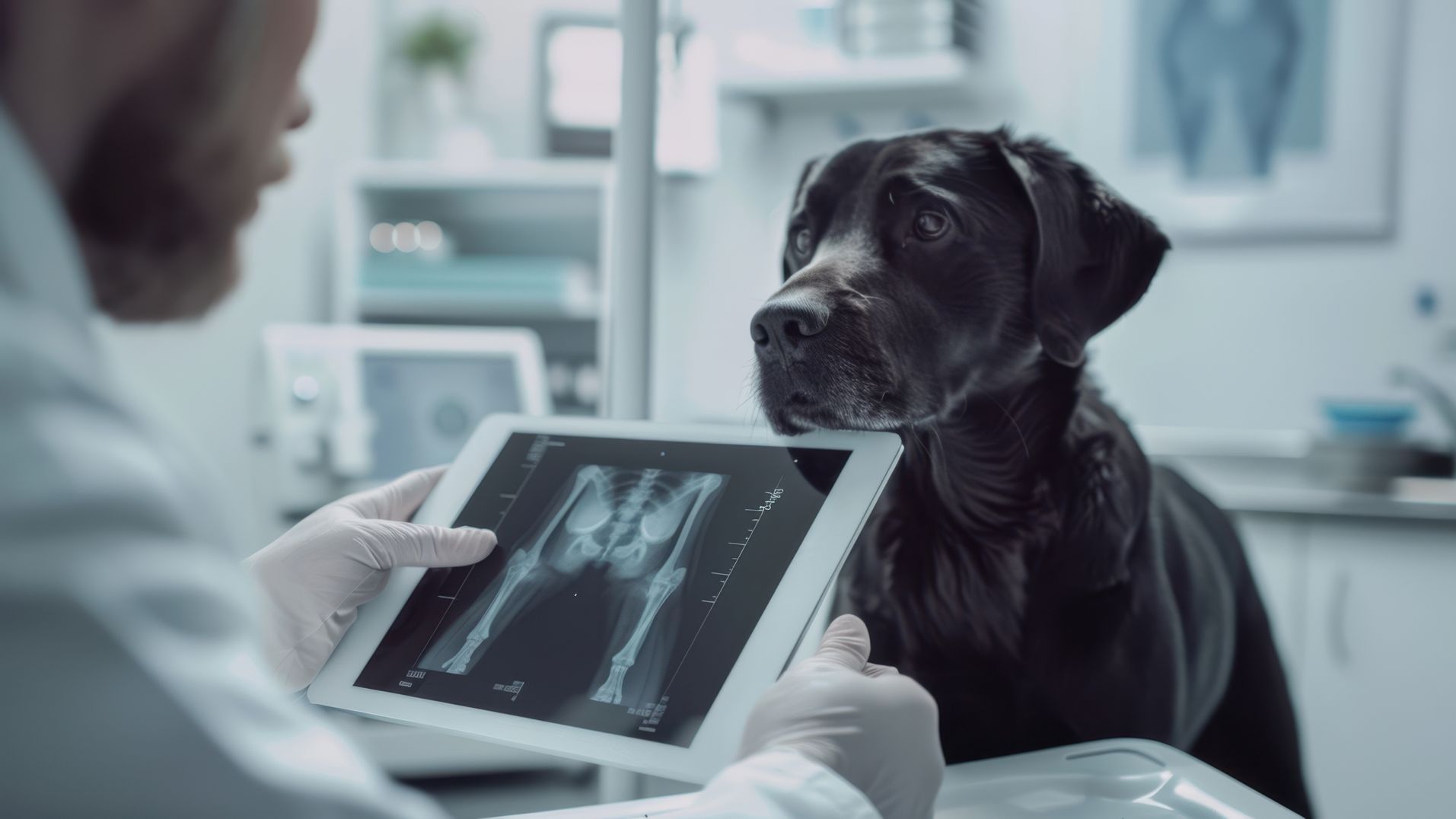 A veterinarian is looking at an x-ray of a dog on a tablet.