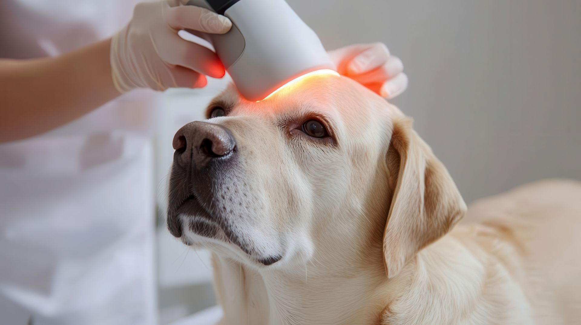 A dog is getting a laser treatment on its head.