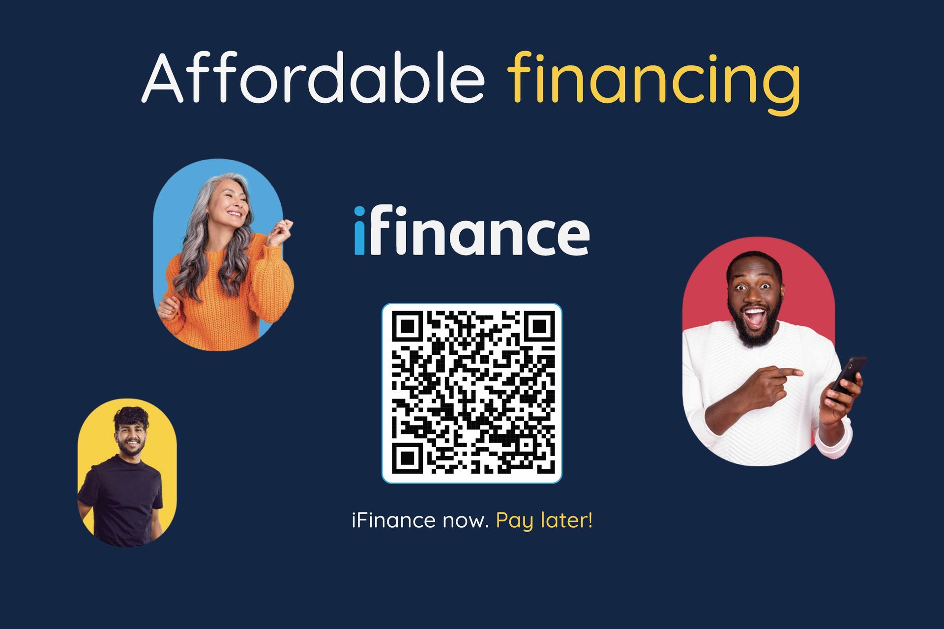 A poster for affordable financing with a qr code.