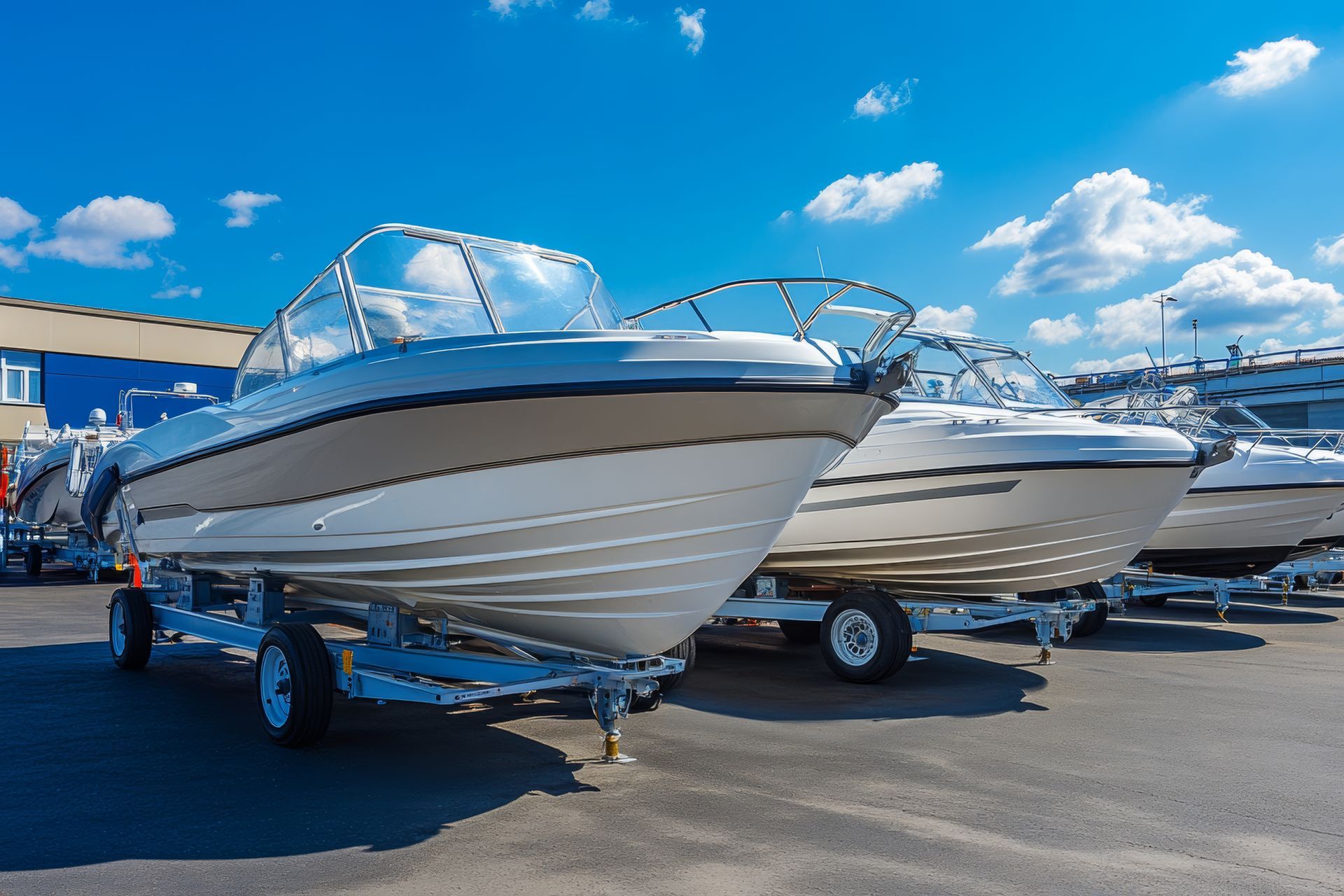 Boats on trailers at Russo Marine & Speed boat repair dealer shop in Bradenton, FL