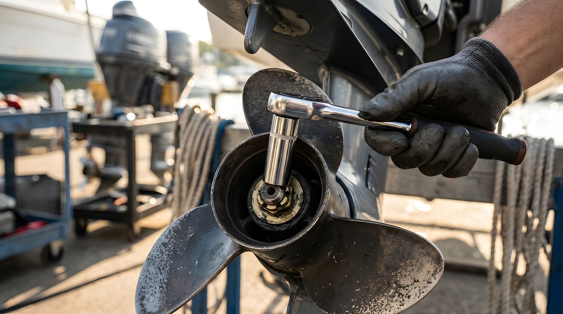 Gloved hands loosening an outboard propeller nut with a socket wrench at a boat engine repair shop.