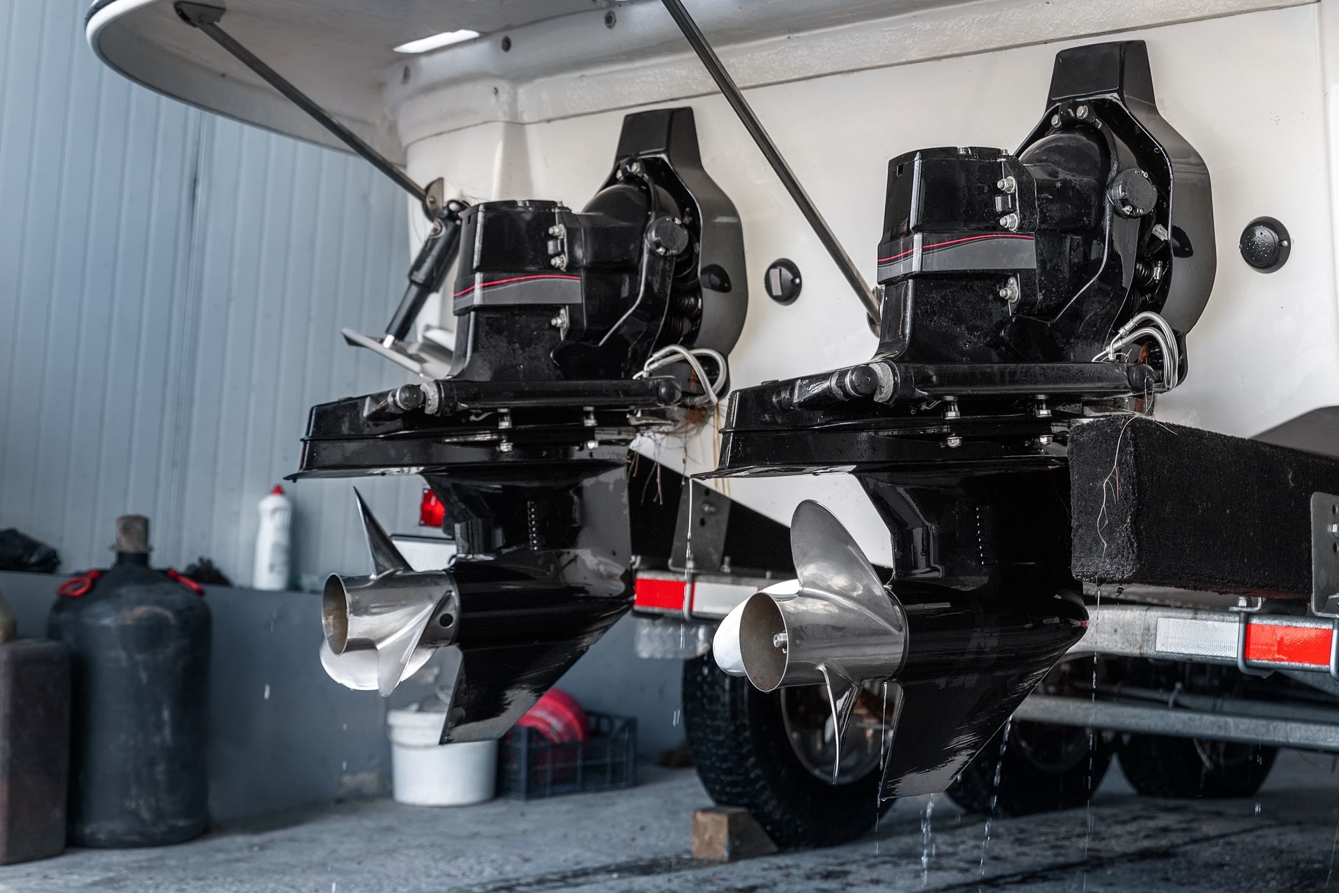 Dual boat motors on trailer. Dual boat motors on trailer.