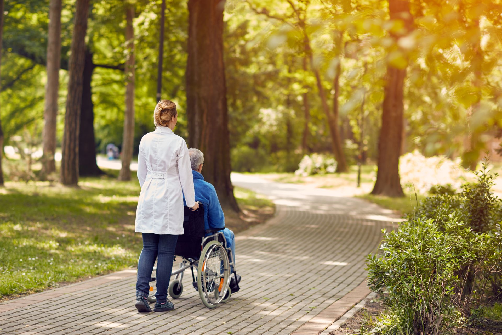 A person in a wheelchair is being pushed along a park path by a caregiver.