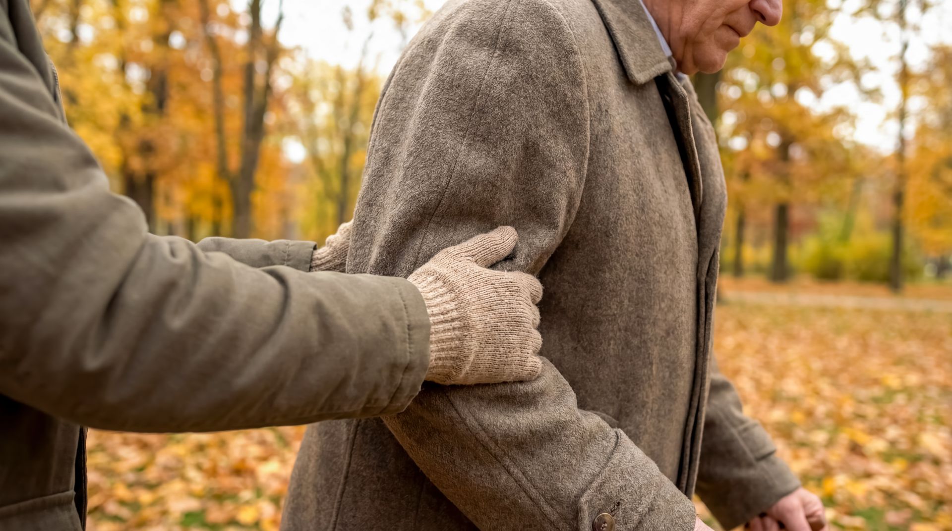 Person assisting an older person walking in a park, hands on the arm for support. Autumn leaves.