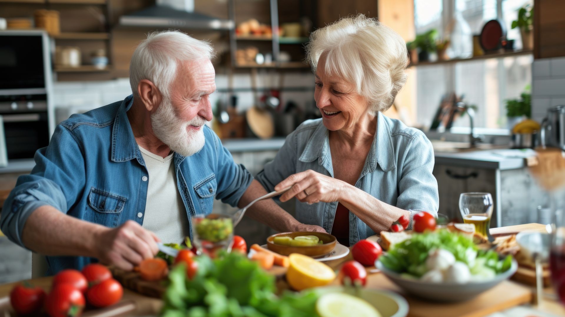 Elderly couple preparing a meal together in their kitchen. Woman slices a vegetable, man smiles. Vegetables on table.