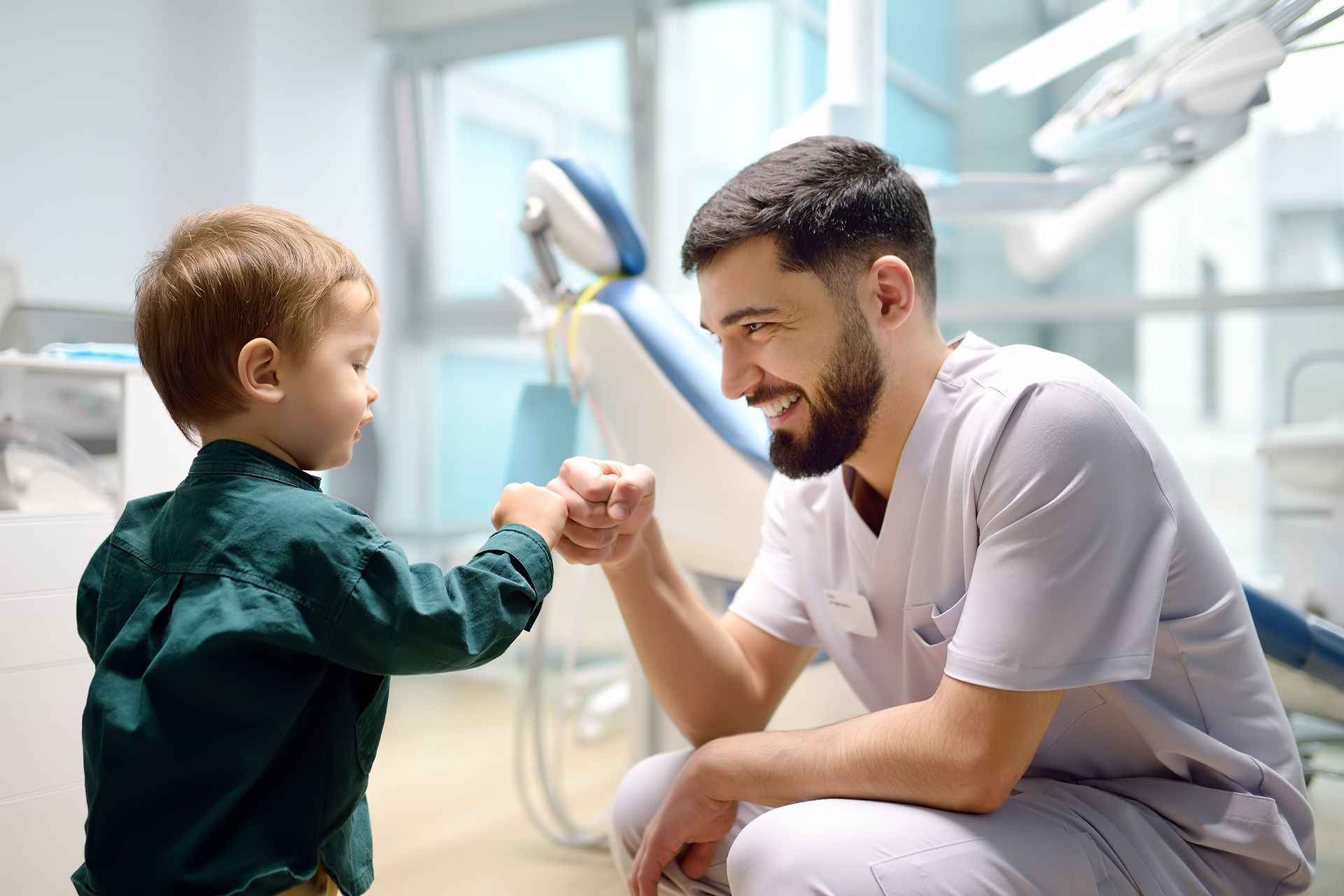 Child fist-bumping a smiling nurse in a bright hospital room