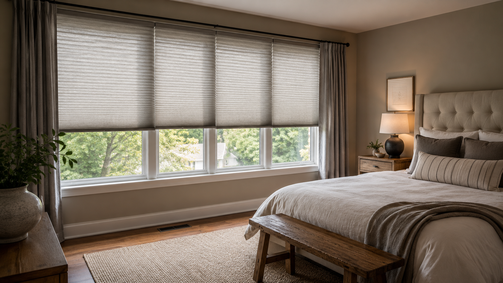 Finished Cook County bedroom with fitted window shades providing soft filtered daylight, privacy, and comfort.