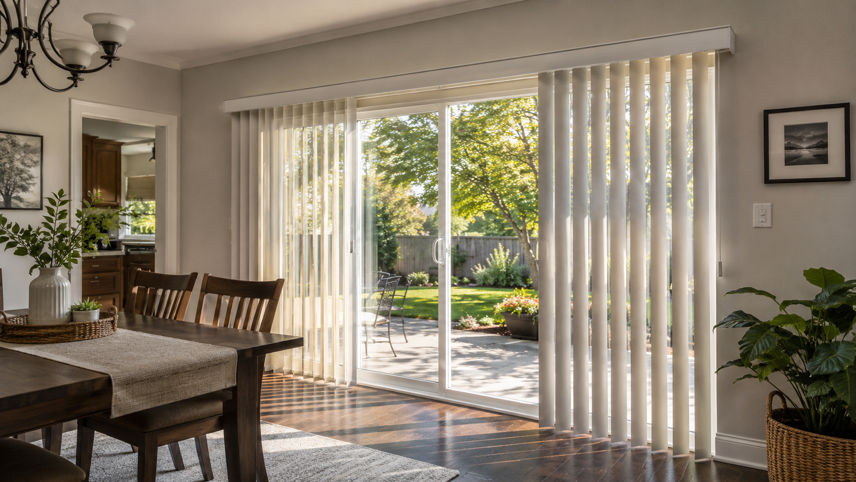 Cook County dining room with vertical blinds across a sliding patio door, allowing soft daylight and backyard views.