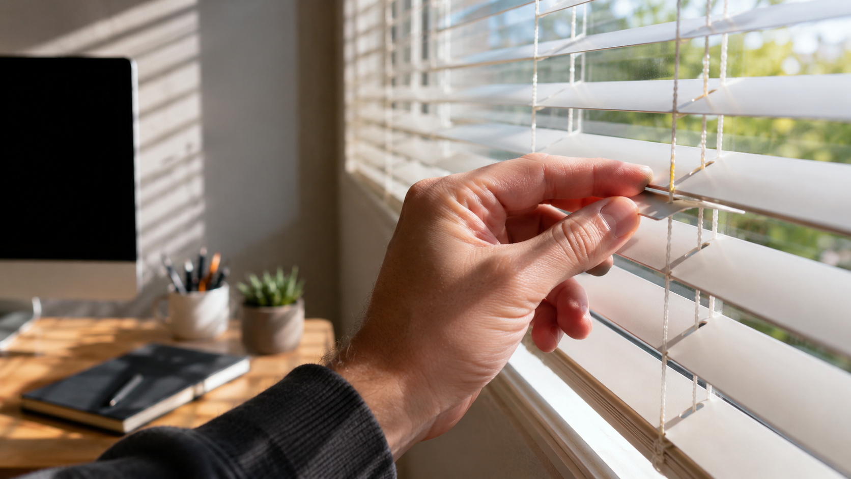 Homeowner adjusts horizontal blinds in a Cook County home office to reduce glare and control natural window light.