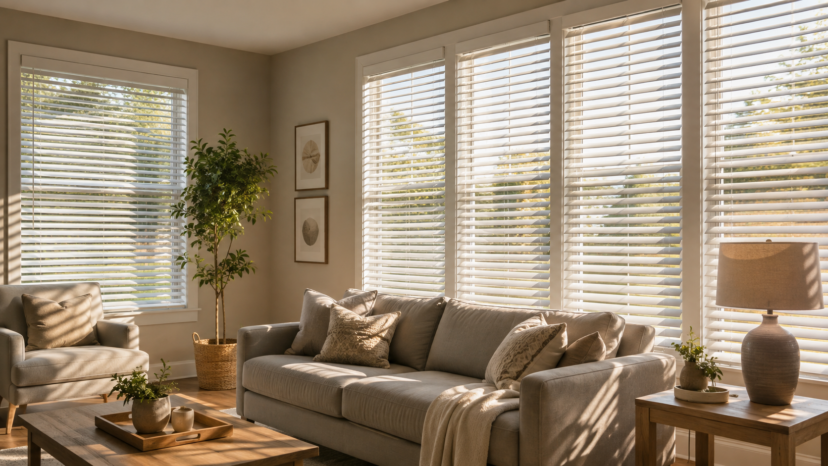 Bright Cook County living room with horizontal blinds filtering warm afternoon light across multiple