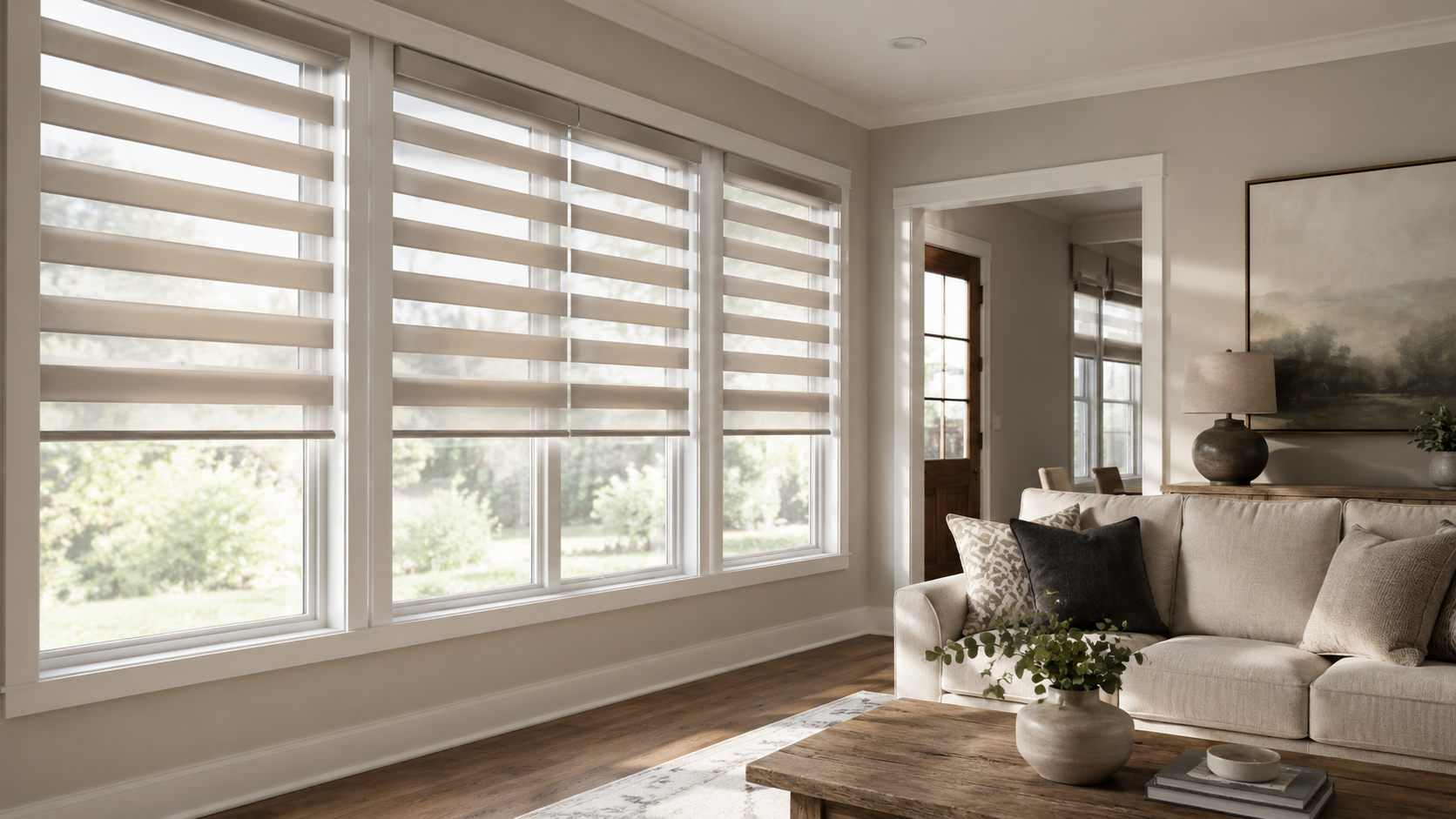 Living room with layered zebra shades filtering natural light across large residential windows.