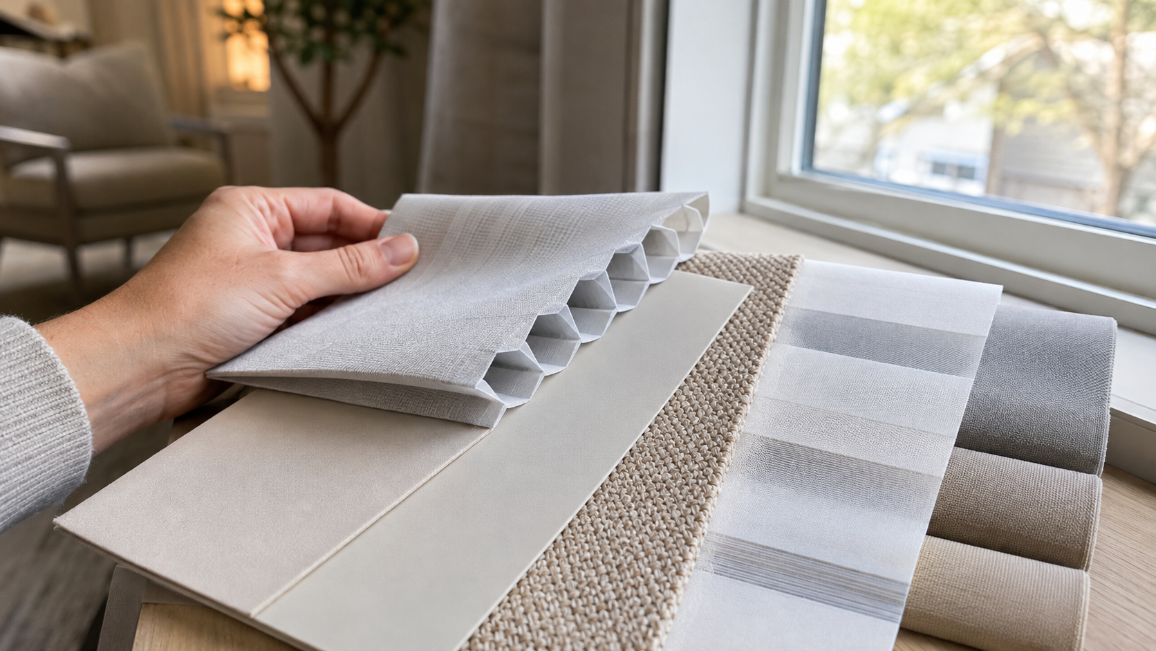 Homeowner compares cellular, roller, woven, and layered window shade samples beside a bright residential window.