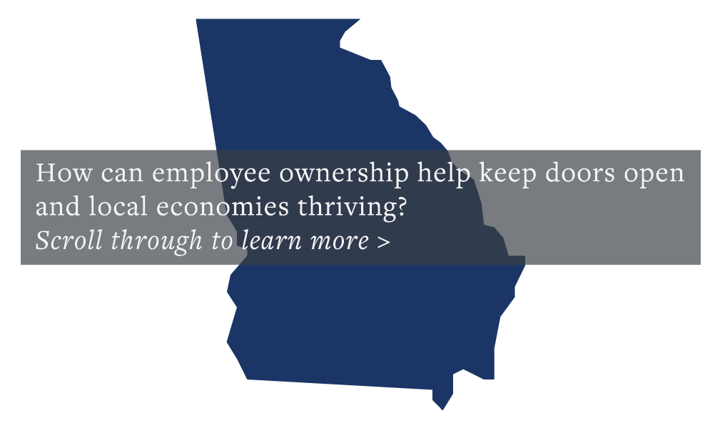 A map of georgia with the words how can employee ownership help keep doors open and local economies thriving