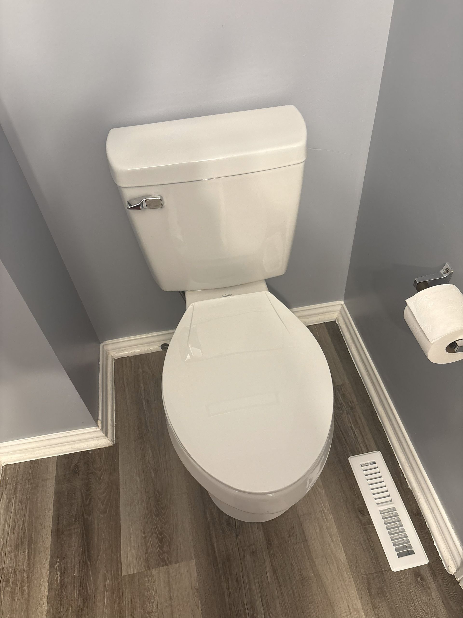Small bathroom with a white toilet on wood-look flooring and gray walls, plus a toilet paper holder.