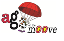 Logo reading “ag on the moove” with a cow parachuting under a red parachute.
