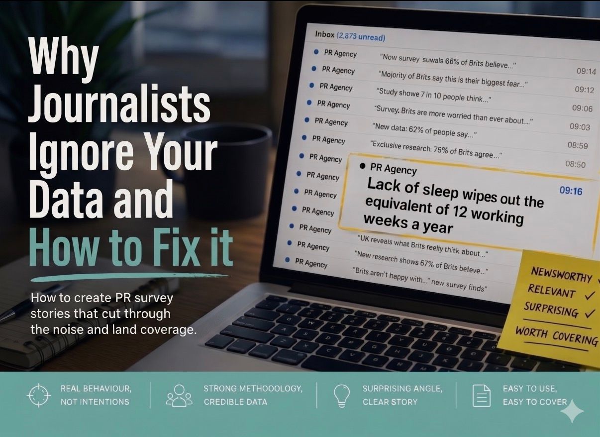 Banner showing laptop with a PR email inbox highlighting tips for creating newsworthy survey stories
